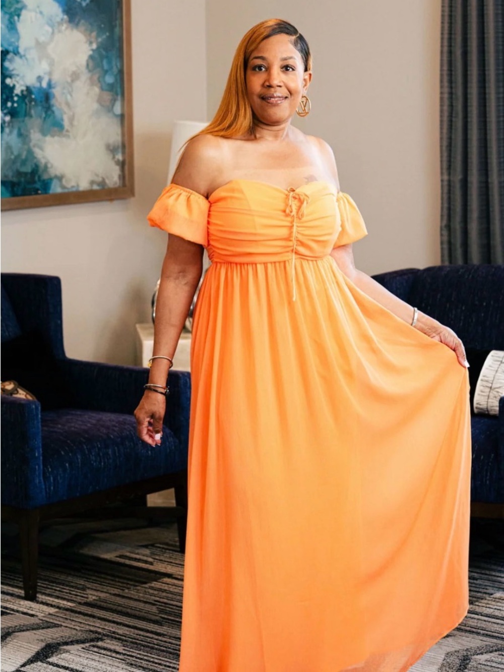 Off-Shoulder Orange Maxi Dress with Puff Sleeves